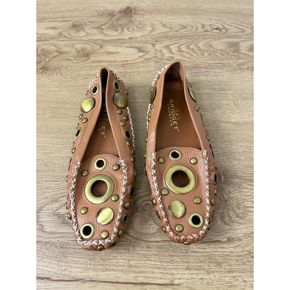 Bridget Shuster Edgy Boho Loafers Women 6.5 Tan Studded Brass Grommet Flats